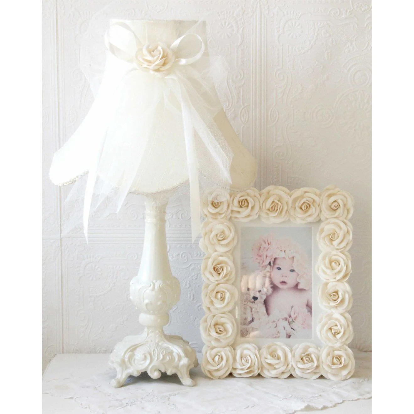Cream Dupioni Silk Lamp Shade with Tulle Bow - Image 3