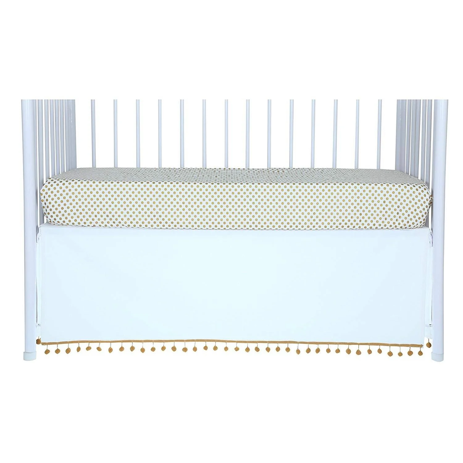 Flat White Denim Pom Pom Crib Skirt (Mustard)