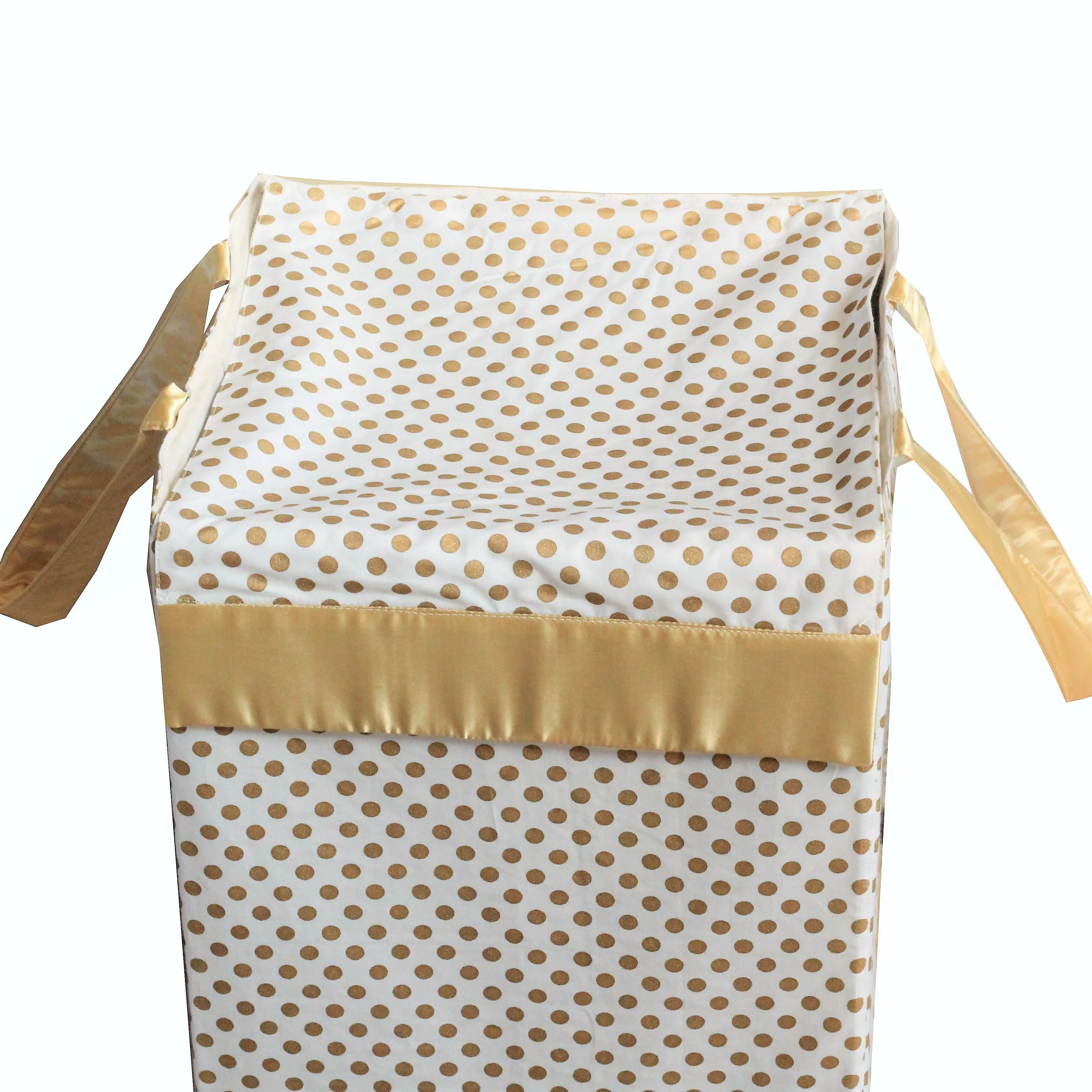 Metallic Fabric Collapsible Cotton Storage Basket or Bin with Gold Satin Highlights, Home Organizer Solution for Office, Bedroom, Closet, Toys, Laundry (Medium – 16x12x12"), Gold Small Dots Hamper - Image 3