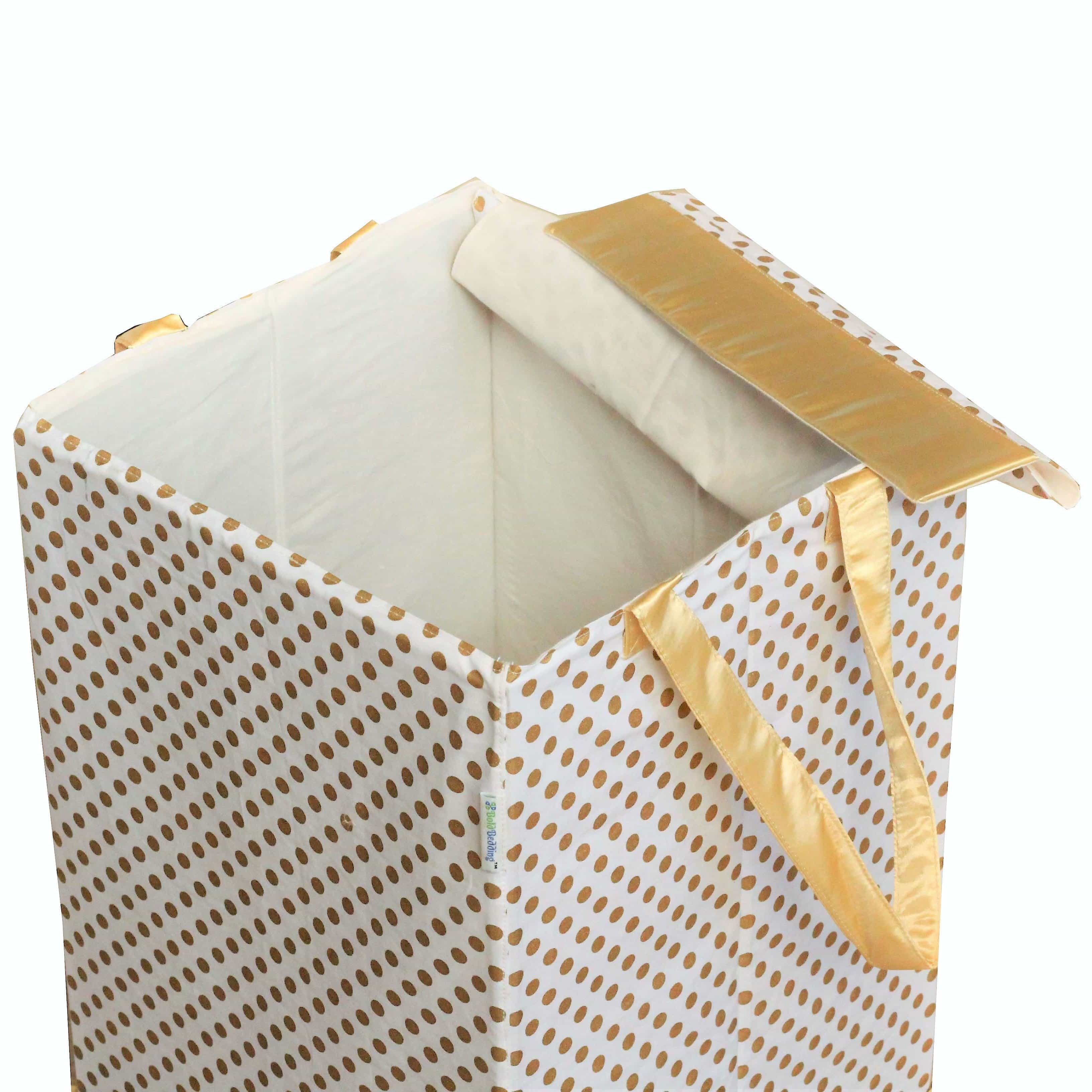 Metallic Fabric Collapsible Cotton Storage Basket or Bin with Gold Satin Highlights, Home Organizer Solution for Office, Bedroom, Closet, Toys, Laundry (Medium – 16x12x12"), Gold Small Dots Hamper - Image 5