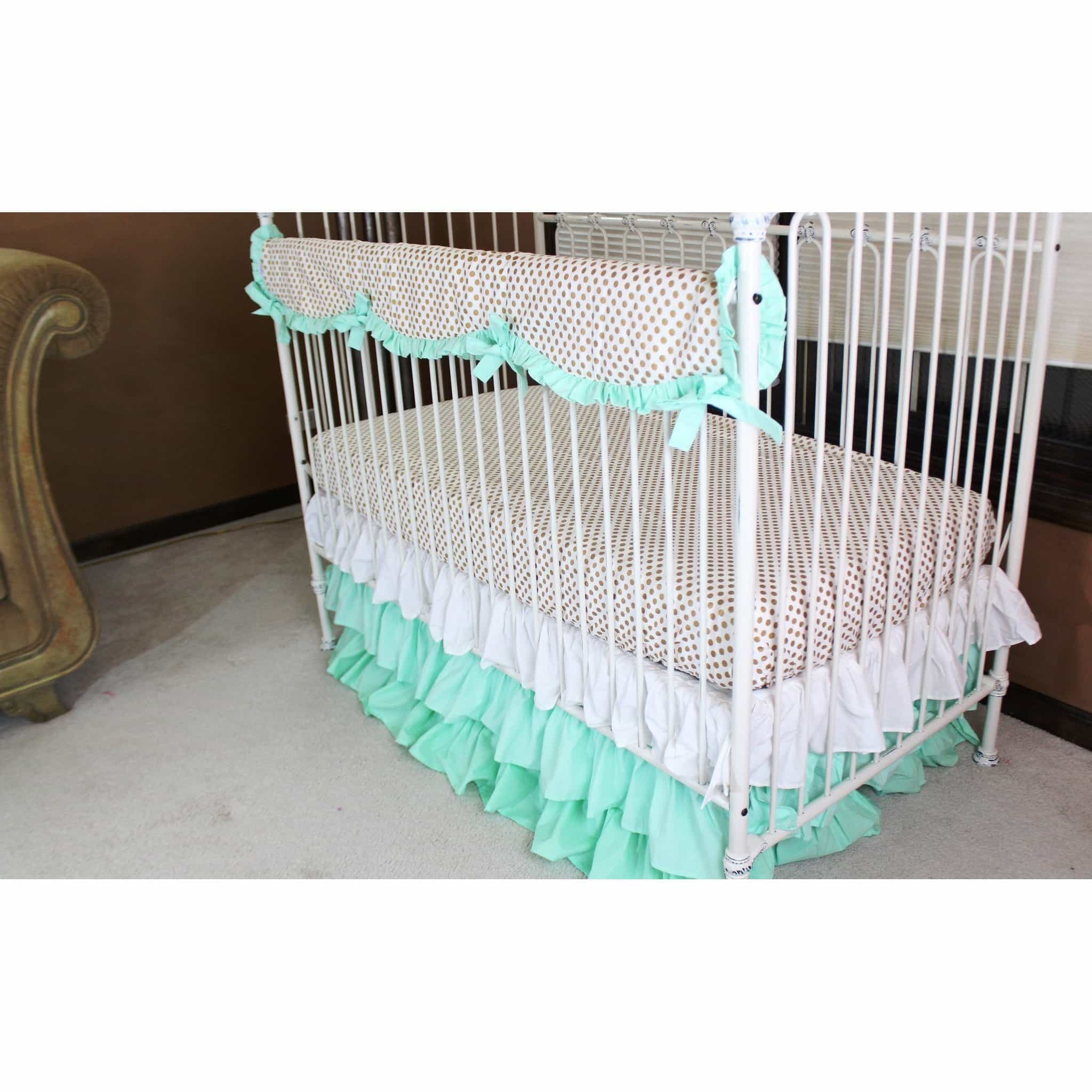 Chrissy's Girl Baby Bedding - Metallic Gold Dots with White to Mint Ombre Waterfall Ruffle Skirt - Image 3